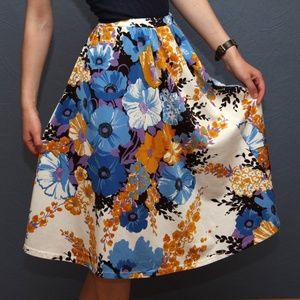 Blue White Gold Floral Skirt - Elastic Waist